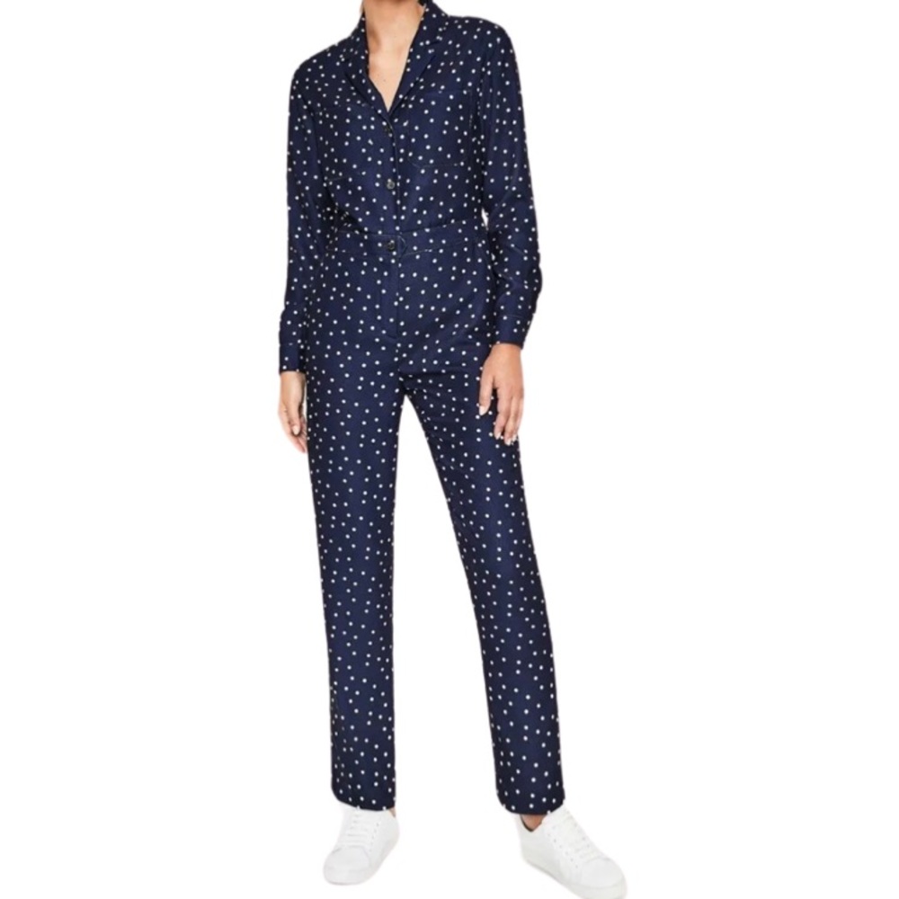 Boden Tillie Jumpsuit, Navy Blue with Ivory Scattered Polka Dots, Size 12